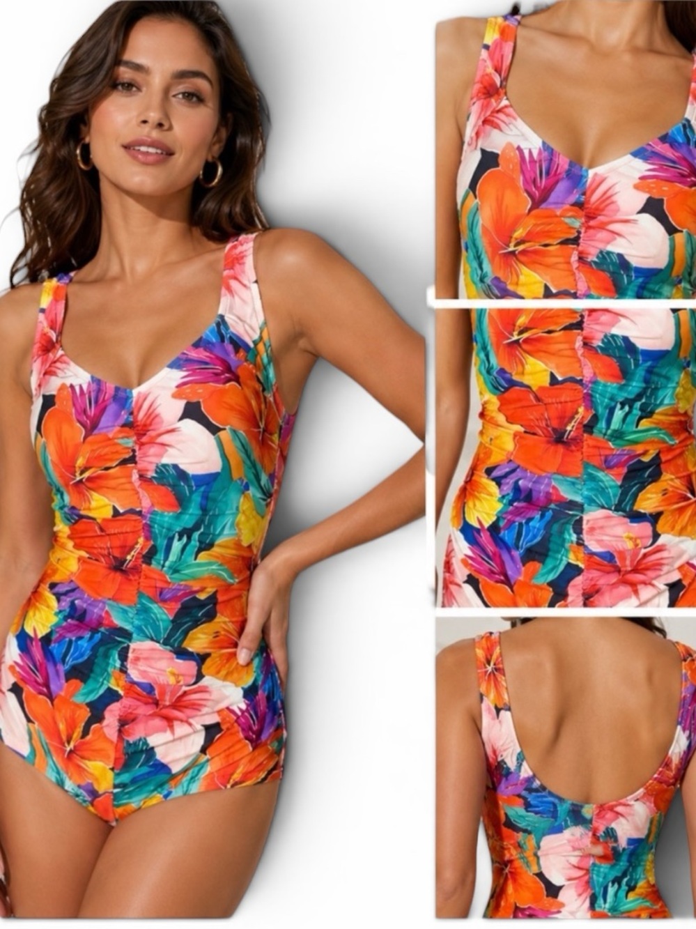 Maxine of Hollywood Shirred Front Girl Leg Swimsuit Sz 14 Hibiscus Honey NWT